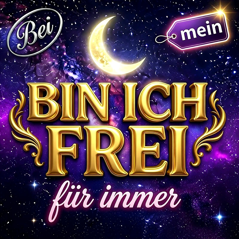 Goldene dreidimensionale Schrift auf einem funkelnden Nachthimmel mit Sichelmond und bunter Nebelwolke verkündet eine romantische Botschaft über Freiheit und ewige Liebe für verliebte Paare.