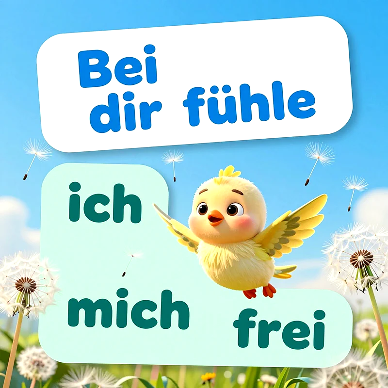 Ein gelbes, niedliches Küken fliegt durch eine Frühlingswiese voller Pusteblumen unter einem strahlend blauen Himmel, während darüber der Text Bei dir fühle ich mich frei zu lesen ist.
