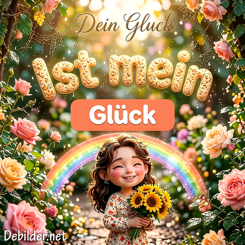 Ein fröhliches Mädchen hält einen Strauß Sonnenblumen in einem blühenden Rosengarten unter einem Regenbogen. Der Text Dein Glück ist mein Glück steht in verspielten Buchstaben darüber.