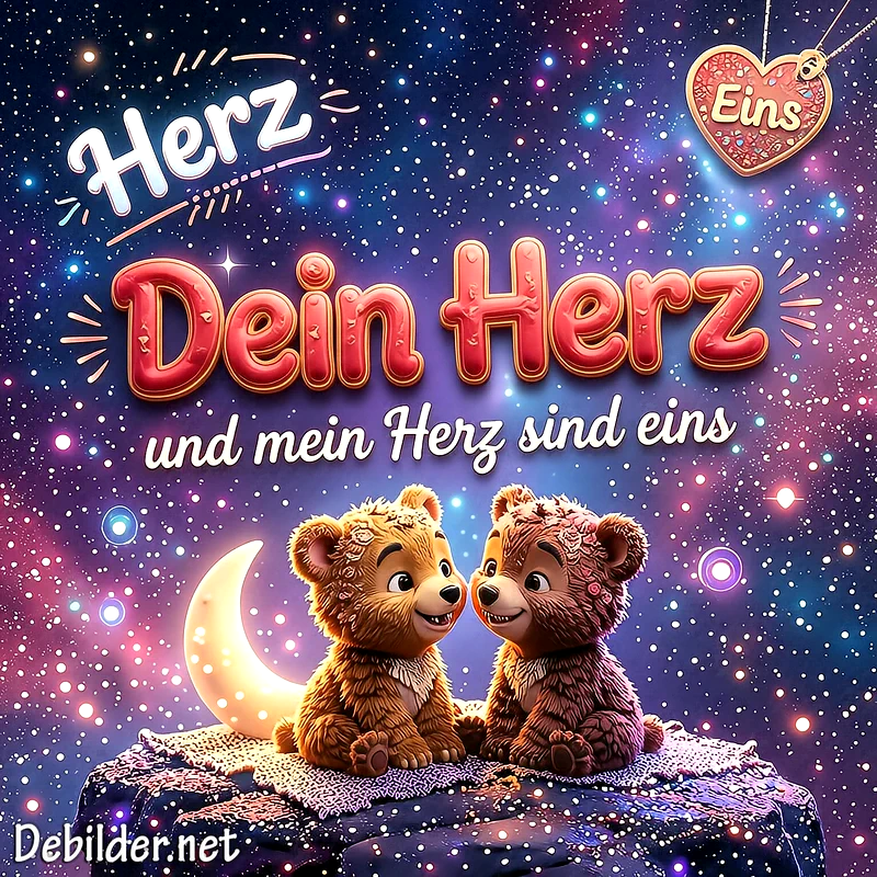 Zwei niedliche Bären sitzen eng beieinander unter einem glitzernden Sternenhimmel neben einem leuchtenden Halbmond, während darüber in großen Lettern der Schriftzug 'Dein Herz und mein Herz sind eins' steht.