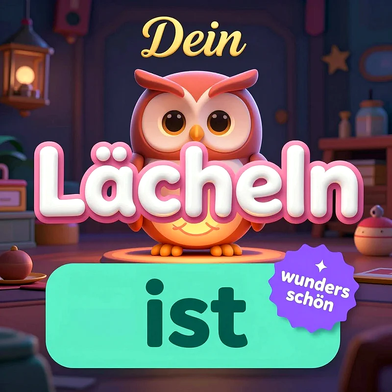 Eine niedliche 3D-Eule mit großen Kugelaugen sitzt in einem gemütlichen Raum. Der Text Dein Lächeln ist wunderschön umrahmt das Bild in bunten 3D-Buchstaben.