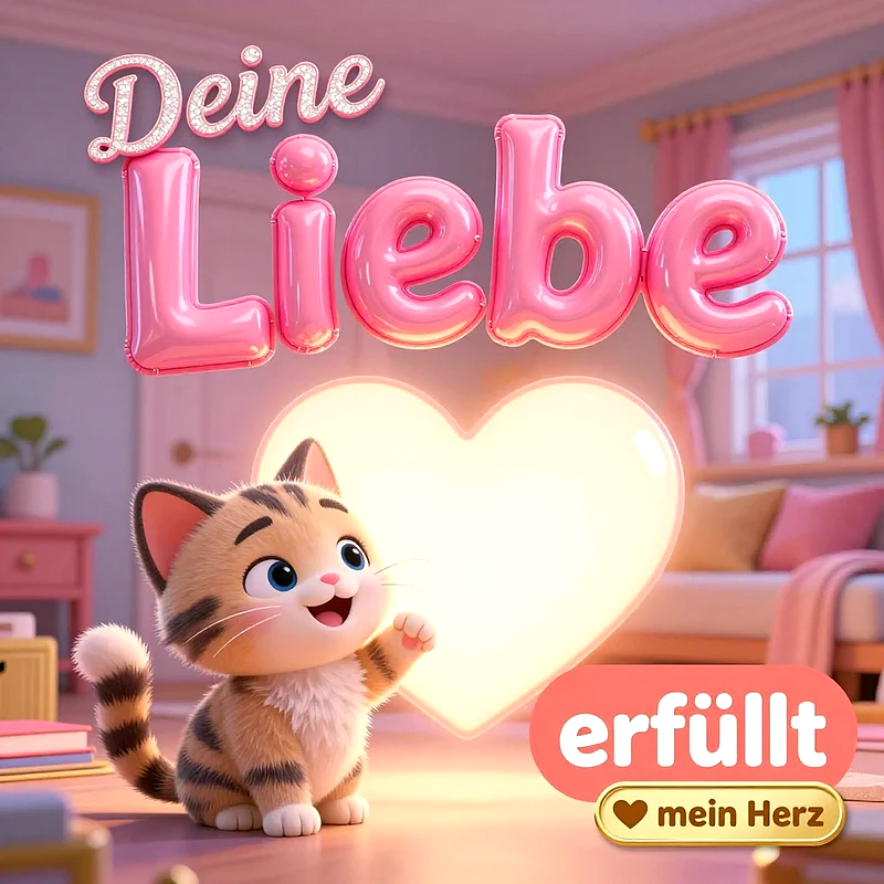Eine kleine getigerte Comic-Katze blickt lächelnd neben einem strahlend hellen Herzenslicht im rosa Zimmer mit rosafarbenen Buchstaben-Ballons und liebevollen Textfeldern.
