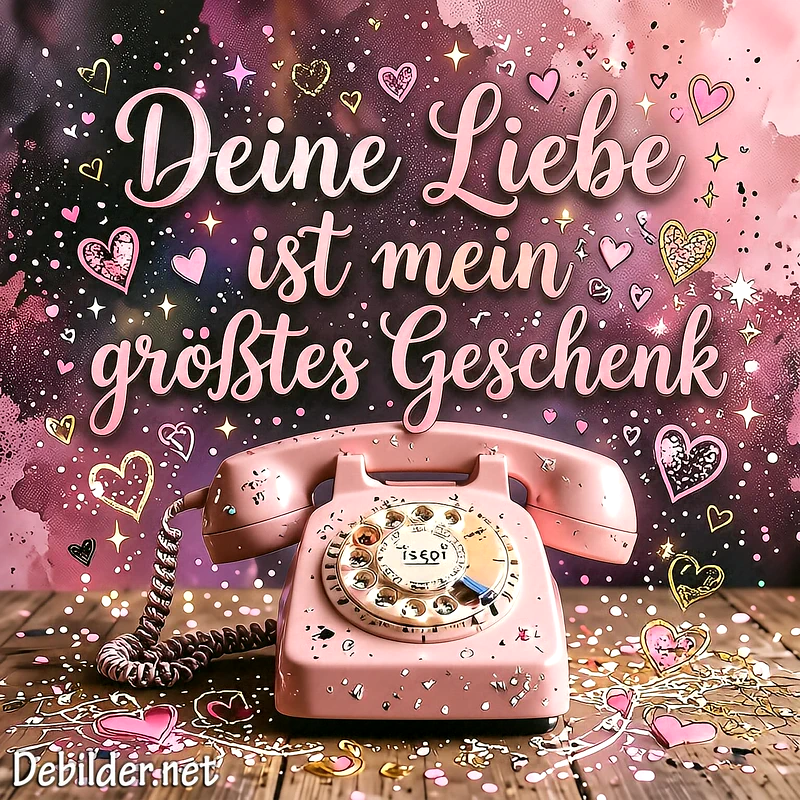 Rosa Vintage-Telefon mit Wählscheibe auf einem Holztisch, umgeben von glitzernden Herzen, Sternen und dem geschwungenen Schriftzug Deine Liebe ist mein größtes Geschenk.
