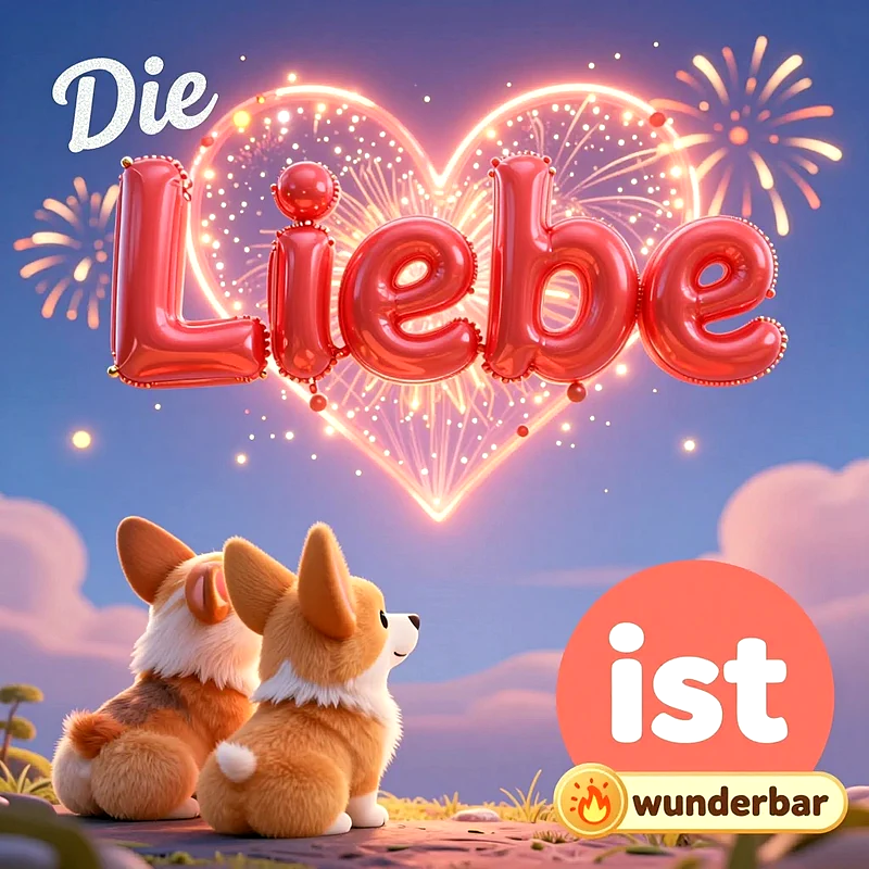 Zwei niedliche Corgi-Welpen sitzen nebeneinander und blicken auf ein leuchtendes Feuerwerk-Herz am Abendhimmel. Glänzende rote Luftballon-Buchstaben formen das Wort Liebe mit der Aufschrift Die Liebe ist wunderbar.