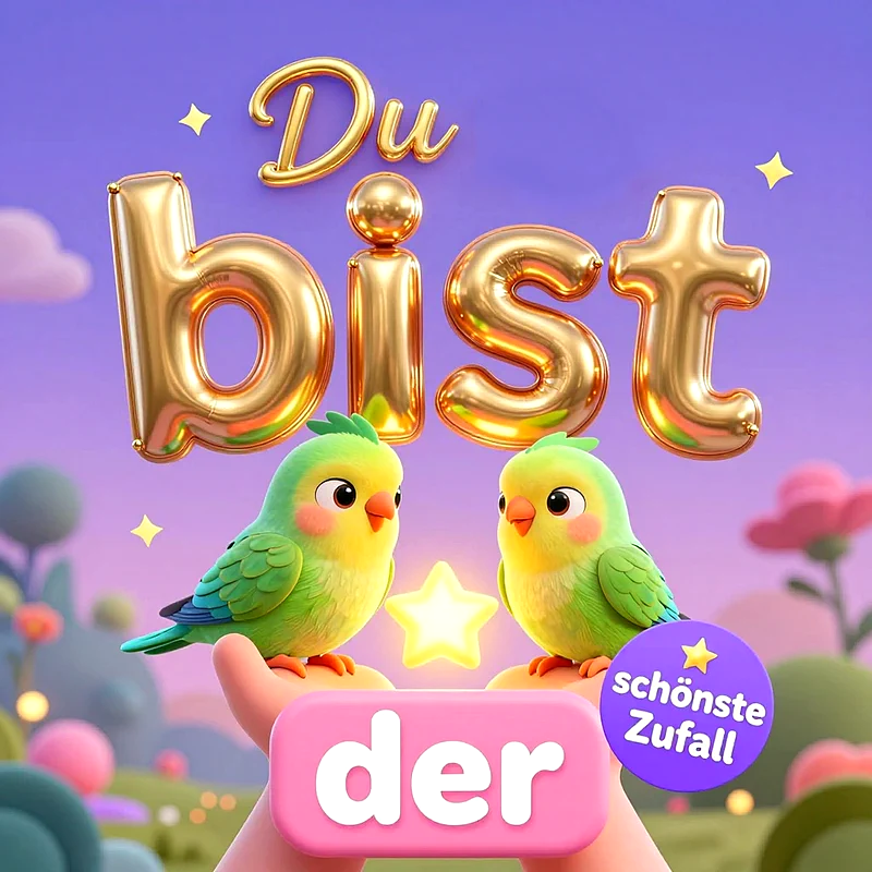 Zwei kleine grüne Vögel sitzen auf erhobenen Händen vor einem violetten Hintergrund mit goldenem 3D-Schriftzug Du bist, darunter ein rosa Schild mit der Aufschrift der und einem runden Sticker schönste Zufall.