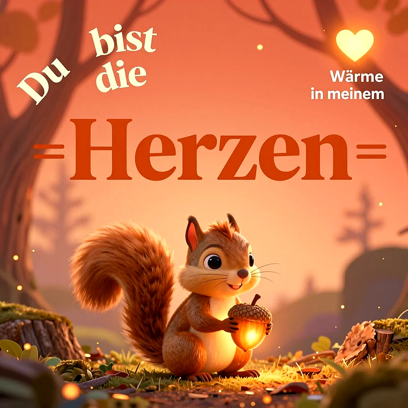 Ein süßes Eichhörnchen hält eine leuchtende Eichel in den Pfoten vor einem stimmungsvollen, orangefarbenen Waldhintergrund bei Sonnenuntergang. Der Text besagt, dass der Empfänger die Wärme im Herzen ist.