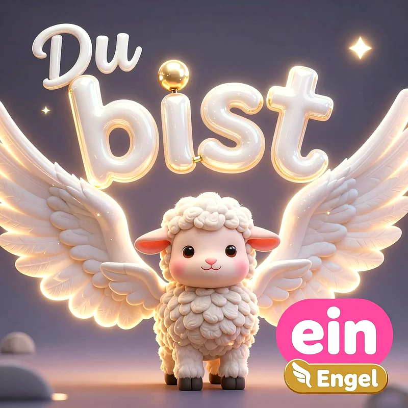 Ein niedliches, weißes Schaf in 3D-Optik mit leuchtenden Engelsflügeln steht vor einem sanften Hintergrund, über dem der Schriftzug Du bist ein Engel in glänzenden Buchstaben erstrahlt.