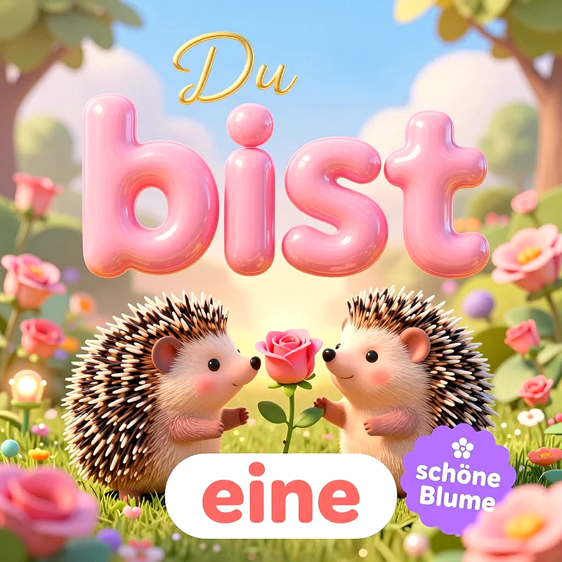 Zwei niedliche Igel stehen auf einer sonnigen Wiese voll rosa Rosen und halten gemeinsam eine kleine Blüte. Darüber prangt der süße Spruch Du bist eine schöne Blume.