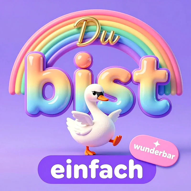 Dreidimensionales Kunstwerk mit einem niedlichen weißen Schwan vor bunter Regenbogenkulisse sowie pastellfarbenen 3D-Buchstaben, die zusammen mit lila und rosa Elementen den Spruch Du bist einfach wunderbar bilden.