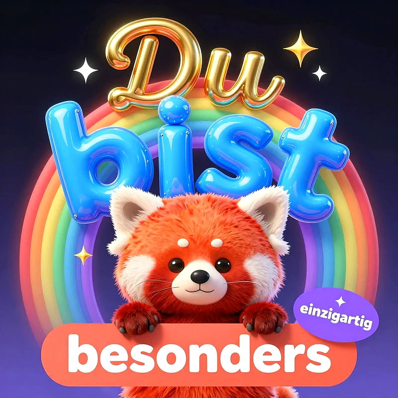 Niedlicher 3D Roter Panda hält ein Schild vor einem bunten Regenbogen mit den glänzenden 3D-Schriftzügen Du bist besonders einzigartig und funkelnden Sternen.