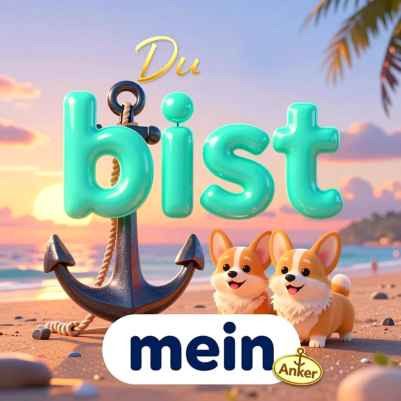 Zwei niedliche Corgi-Welpen am sonnigen Strand neben einem großen Schiffsanker und dem leuchtenden 3D-Schriftzug Du bist mein Anker im warmen Abendlicht.