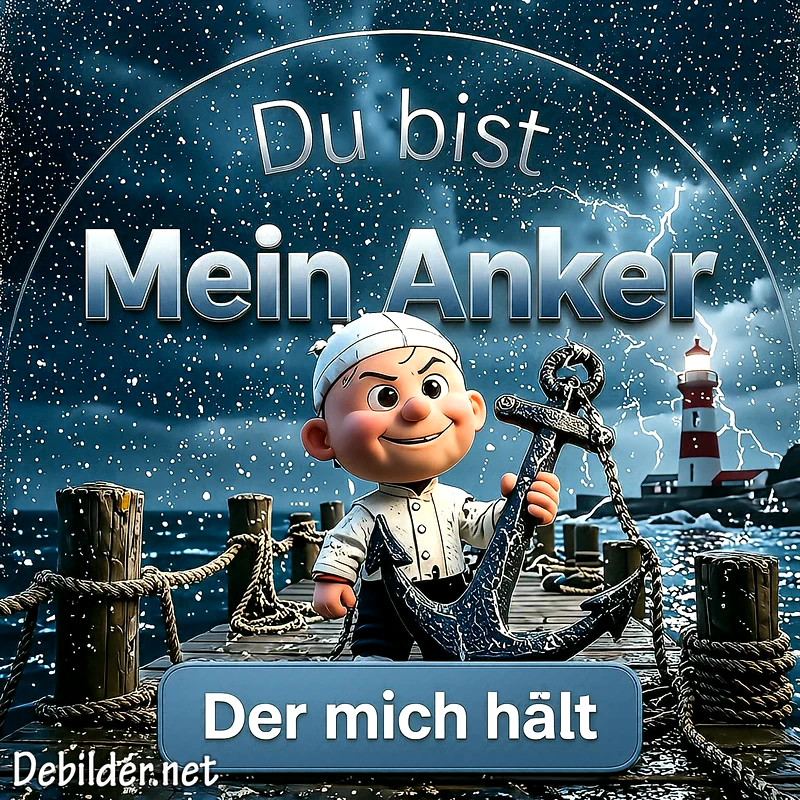 Ein kleiner Segler im Cartoon-Stil steht nachts auf einem Holzsteg, hält einen eisernen Anker fest und blickt zu einem rot-weißen Leuchtturm im Hintergrund unter einem Sternenhimmel.