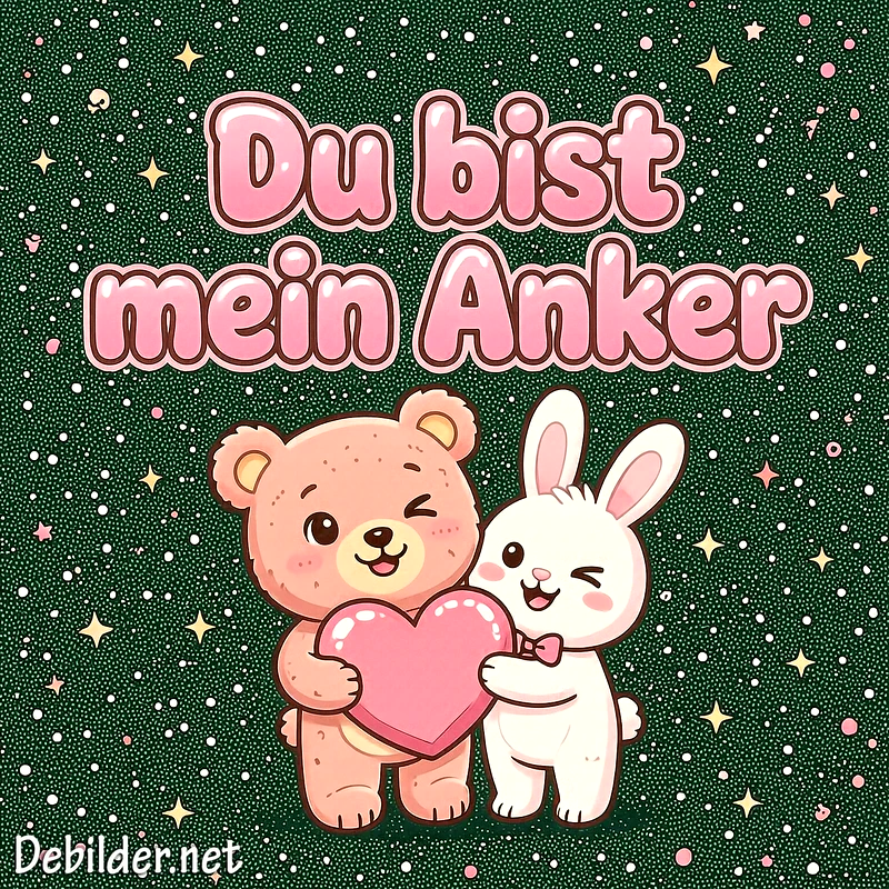 Ein niedlicher Bär und ein weißer Hase halten gemeinsam ein großes rosa Herz vor funkelndem Sternenhintergrund mit dem Spruch Du bist mein Anker.