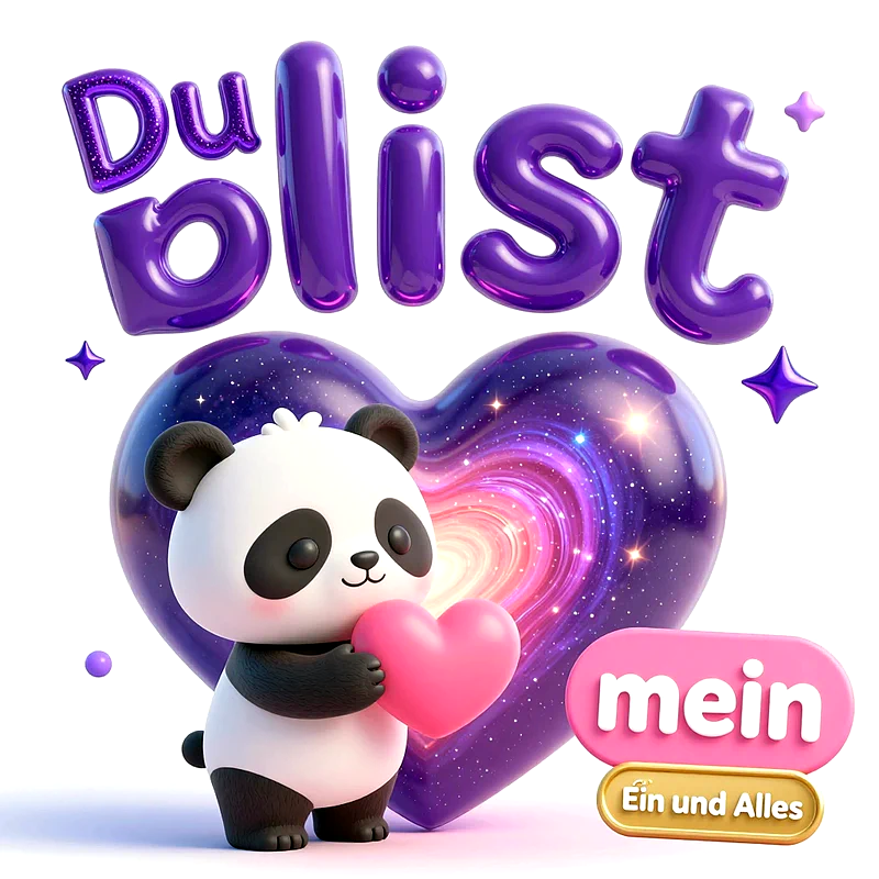 Niedlicher 3D-Panda hält ein rosa Herz vor einem lila Galaxy-Herz, darüber glänzende 3D-Schrift mit dem Text Du bist mein Ein und Alles.