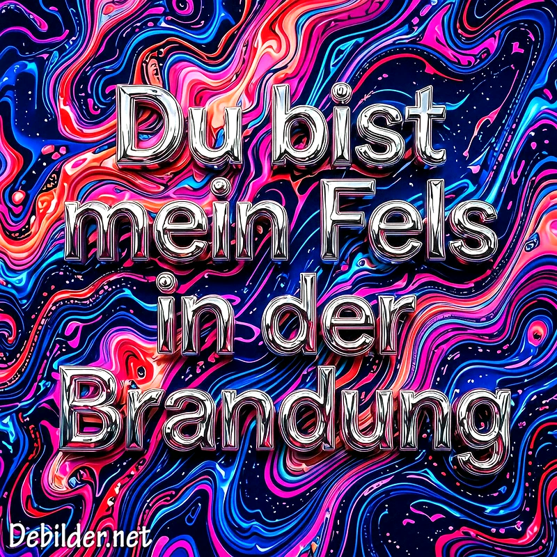Glänzender, silberner 3D-Schriftzug Du bist mein Fels in der Brandung vor einem farbenfrohen, psychedelischen Hintergrund mit geschwungenen Neonlinien in Pink und Blau.