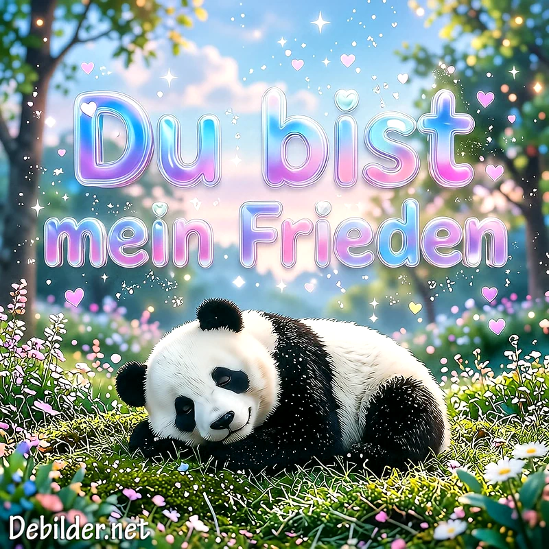Niedlicher kleiner Panda ruht friedlich auf einer blühenden Waldwiese, umgeben von funkelnden Lichtern, kleinen Herzen und dem pastellfarbenen Schriftzug Du bist mein Frieden.