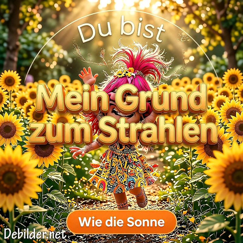 Eine fröhliche Cartoon-Figur mit pinken Haaren tanzt in einem leuchtenden Sonnenblumenfeld, umrahmt von goldenem Licht, während der Schriftzug Du bist mein Grund zum Strahlen darüber schwebt.