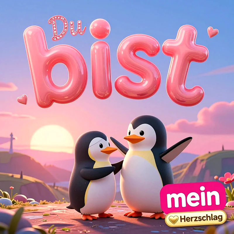 Zwei niedliche 3D-Pinguine stehen verliebt bei Sonnenuntergang in einer Hügellandschaft, umrahmt von glänzenden rosa 3D-Buchstaben mit dem Schriftzug Du bist mein Herzschlag.