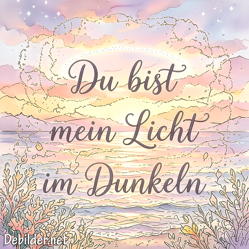 Romantische Illustration eines Meeresufers bei Sonnenuntergang in Pastellfarben mit der geschwungenen Aufschrift Du bist mein Licht im Dunkeln inmitten sanfter Wolken.