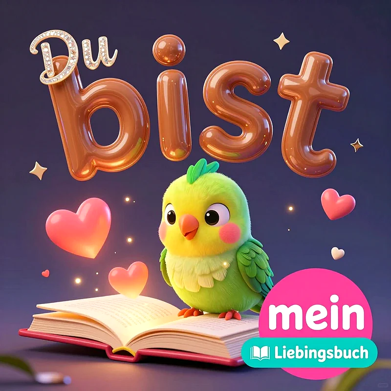 Ein animierter, flauschiger grüner Papagei sitzt auf einem aufgeschlagenen Buch, umgeben von schwebenden rosa Herzen und goldenen Sternen auf einem violetten Hintergrund mit dem Schriftzug Du bist mein Lieblingsbuch.