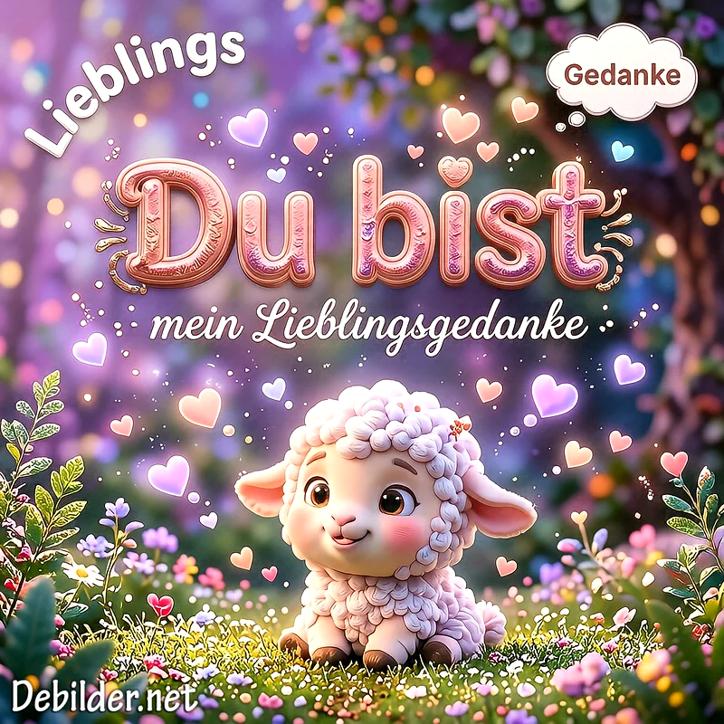 Ein niedliches, animiertes Comic-Schaf sitzt auf einer Blumenwiese, umgeben von schwebenden bunten Herzen. Über dem Schaf steht der Text Du bist mein Lieblingsgedanke in leuchtenden, verspielten Buchstaben.