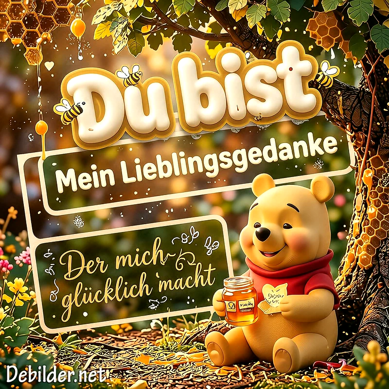 Winnie Puuh sitzt unter einem Baum, hält ein Honigglas und lächelt. Der Text lautet Du bist mein Lieblingsgedanke der mich glücklich macht. Es gibt Honigwaben und Bienen in der Szenerie.