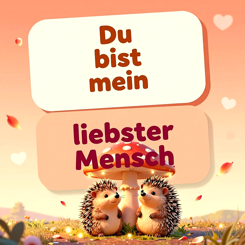 Zwei niedliche Igel sitzen unter einem leuchtenden Fliegenpilz in einer sanften Wiese mit schwebenden Herzen und Blütenblättern. Darüber steht der Text 'Du bist mein liebster Mensch'.