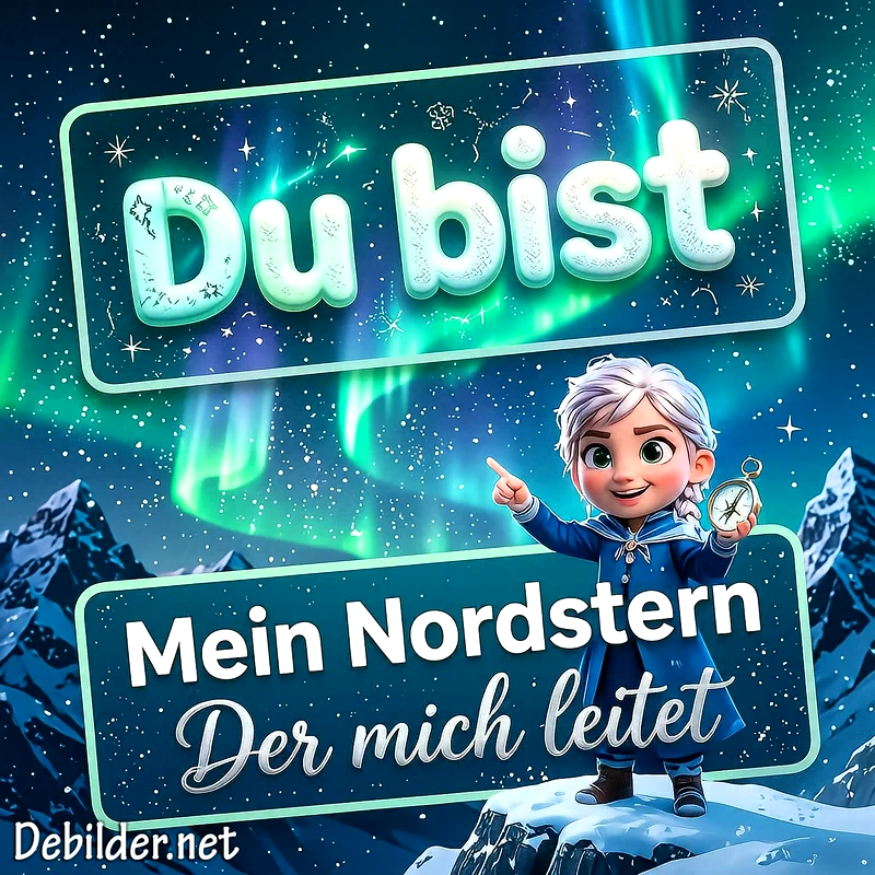 Eine niedliche Figur mit Kompass steht auf verschneiten Gipfeln unter schimmernden Polarlichtern und einem Sternenhimmel, umrahmt von der liebevollen Aufschrift Du bist mein Nordstern Der mich leitet.