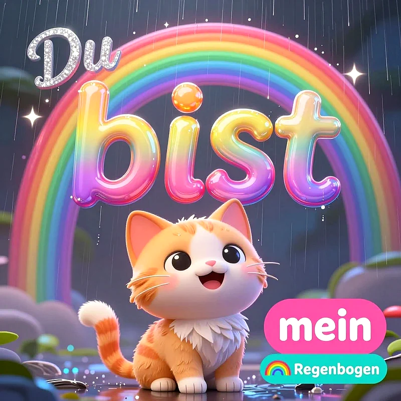 Niedliche getigerte Katze sitzt lächelnd unter einem leuchtenden Regenbogen im Regen mit dem brennpunktartigen Text Du bist mein Regenbogen in bunten 3D-Buchstaben.