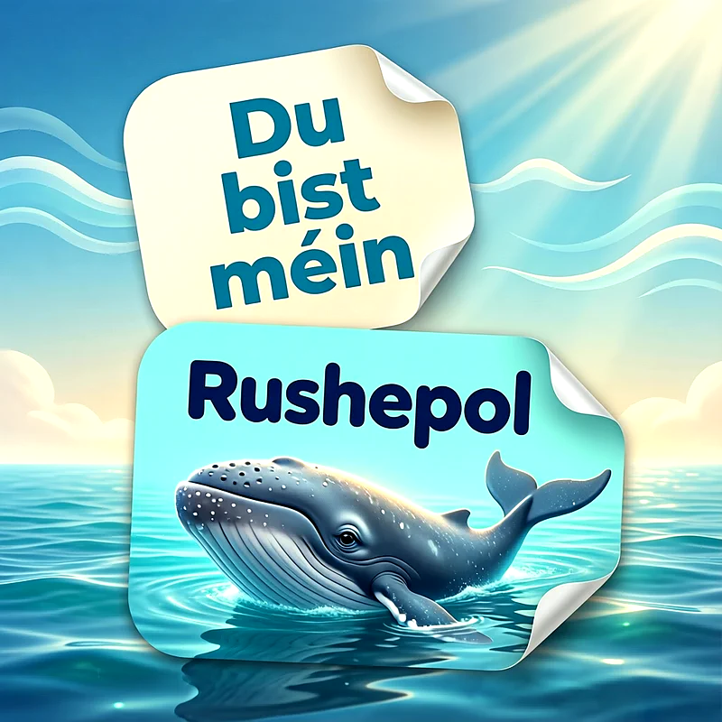 Zwei hellblaue Sticker vor einem sonnigen Ozean mit einem freundlichen Buckelwal, der sanft aus dem blauen Meer auftaucht, versehen mit einem liebevollen Spruch für Partner.