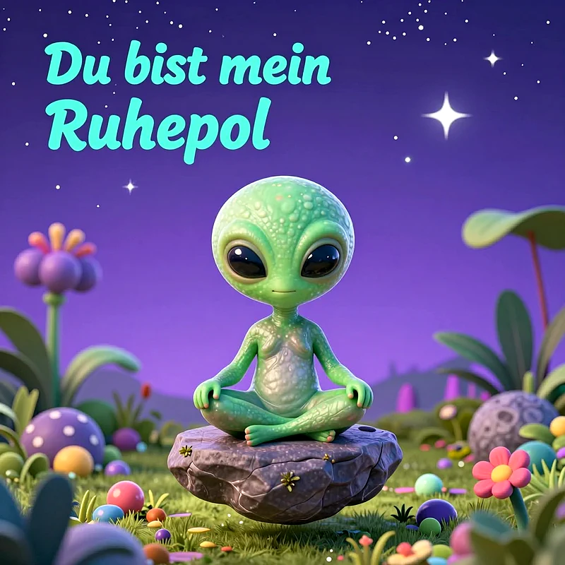 Eine grüne Alienfigur mit großen dunklen Augen sitzt meditierend auf einem schwebenden Stein inmitten einer bunten Fantasielandschaft unter einem sternenklaren Nachthimmel mit dem Text Du bist mein Ruhepol.