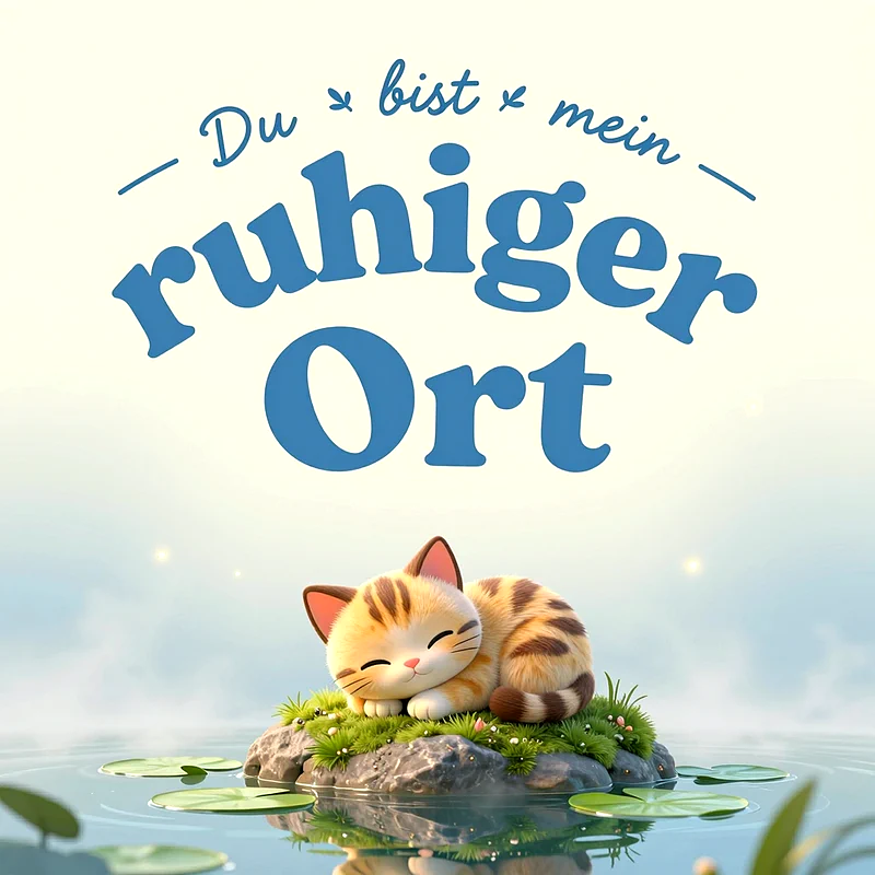 Ein niedliches kleines Kätzchen schläft friedlich zusammengerollt auf einer winzigen grünen Insel inmitten von ruhigem Wasser mit Seerosen. Darüber steht gedruckt der Spruch Du bist mein ruhiger Ort.