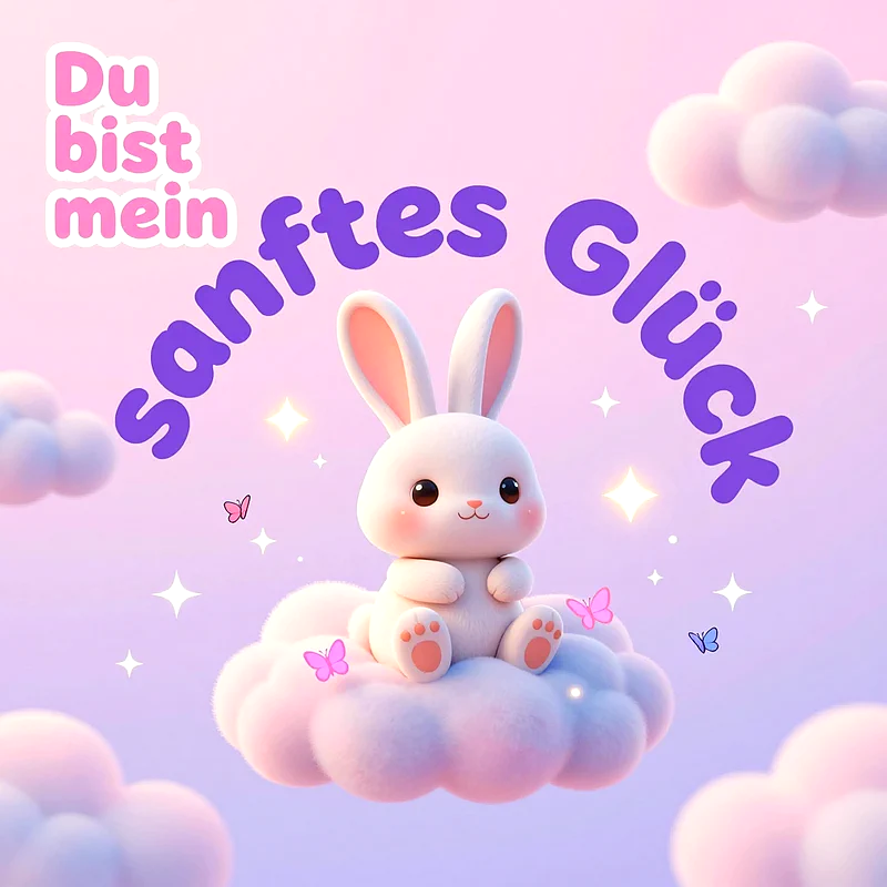 Ein niedlicher weißer Hasenjunge sitzt friedlich auf einer flauschigen Wolke vor fliederfarbenem Hintergrund, umgeben von Schmetterlingen, Funkeln und lila Schriftzug Du bist mein sanftes Glück.