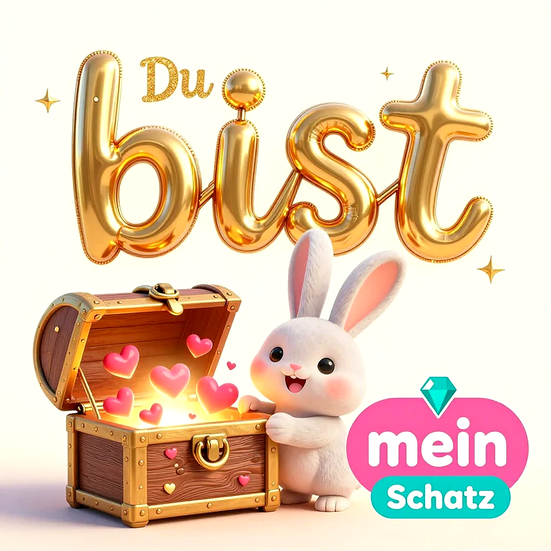 Ein niedlicher, weißer Comic-Hase steht neben einer geöffneten hölzernen Schatztruhe, aus der leuchtende rosa Herzen schweben, während darüber die goldenen Schriftzüge Du bist in Ballonform zu sehen sind.