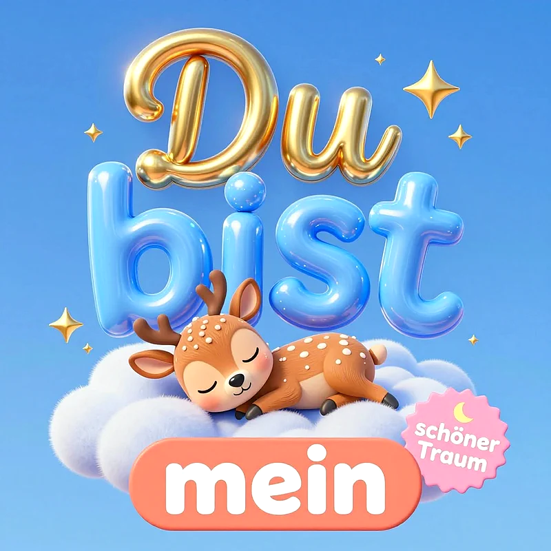 Süßes Rehkitz schläft friedlich auf einer weißen Wolke vor hellblauem Hintergrund. Dreidimensionale Schriftzüge in Gold, Blau und Orange bilden zusammen mit einem rosa Siegel den Spruch Du bist mein schöner Traum.