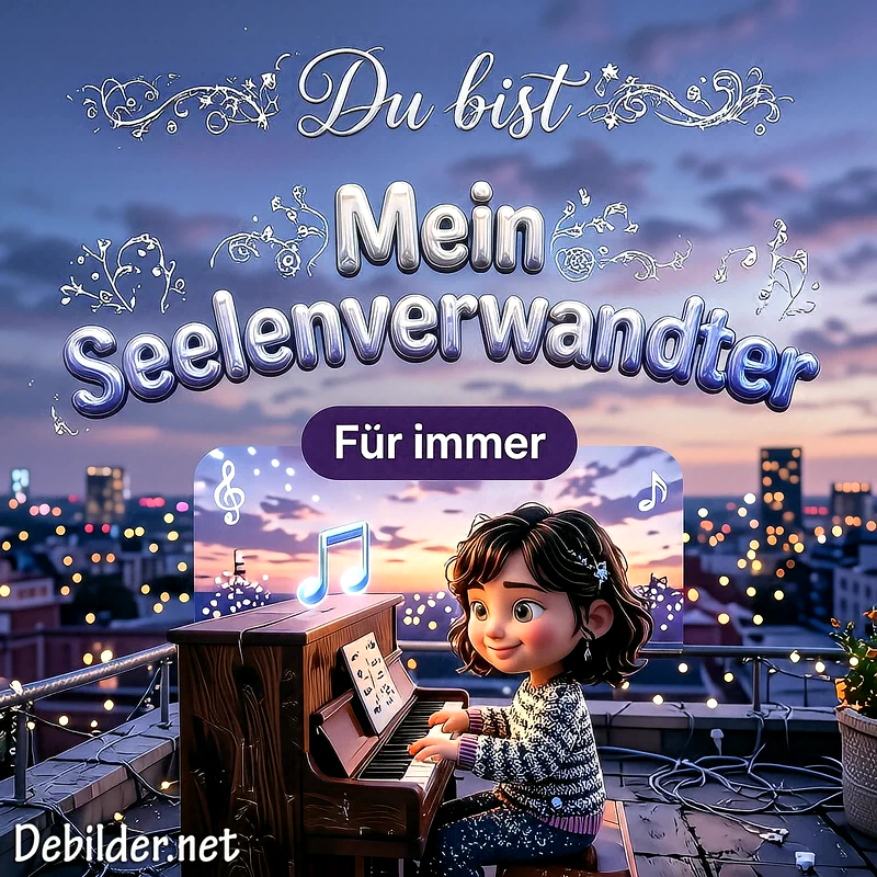 Eine junge Frau spielt abends auf einem Klavier auf einem Balkon vor einer nächtlichen Stadtkulisse mit funkelnden Lichtern und schwebenden Musiknoten, während der Schriftzug Seelenverwandter am Himmel erscheint.