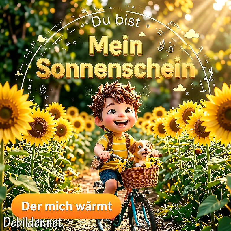 Ein cartoonartiger Junge fährt mit einem Fahrrad durch ein strahlendes Sonnenblumenfeld, ein kleiner Hund sitzt im Fahrradkorb, der Himmel leuchtet in goldenem Licht, der Text lautet Du bist mein Sonnenschein.