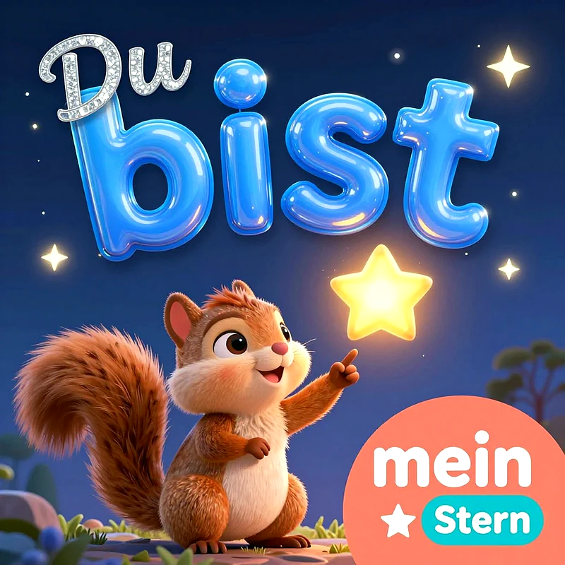 Niedliches 3D-Einhörnchen steht nachts auf einer Wiese und zeigt lächelnd auf einen leuchtend gelben Stern. Darüber steht in großen blauen Glanzbuchstaben der Schriftzug Du bist mein Stern.