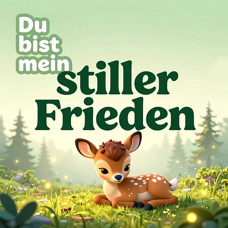 Niedliches Rehkitz liegt auf einer saftig grünen Waldwiese umgeben von leuchtenden Lichtpunkten. Darüber steht in geschwungener grüner Schrift der Text Du bist mein stiller Frieden.