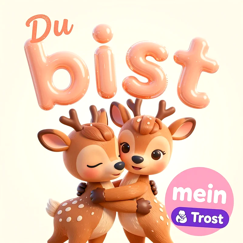 Zwei niedliche, braune Rehkinder im 3D-Comicstil umarmen sich innig vor hellem Hintergrund. Darüber steht in glänzenden Rosa-Buchstaben der Text Du bist mein Trost.