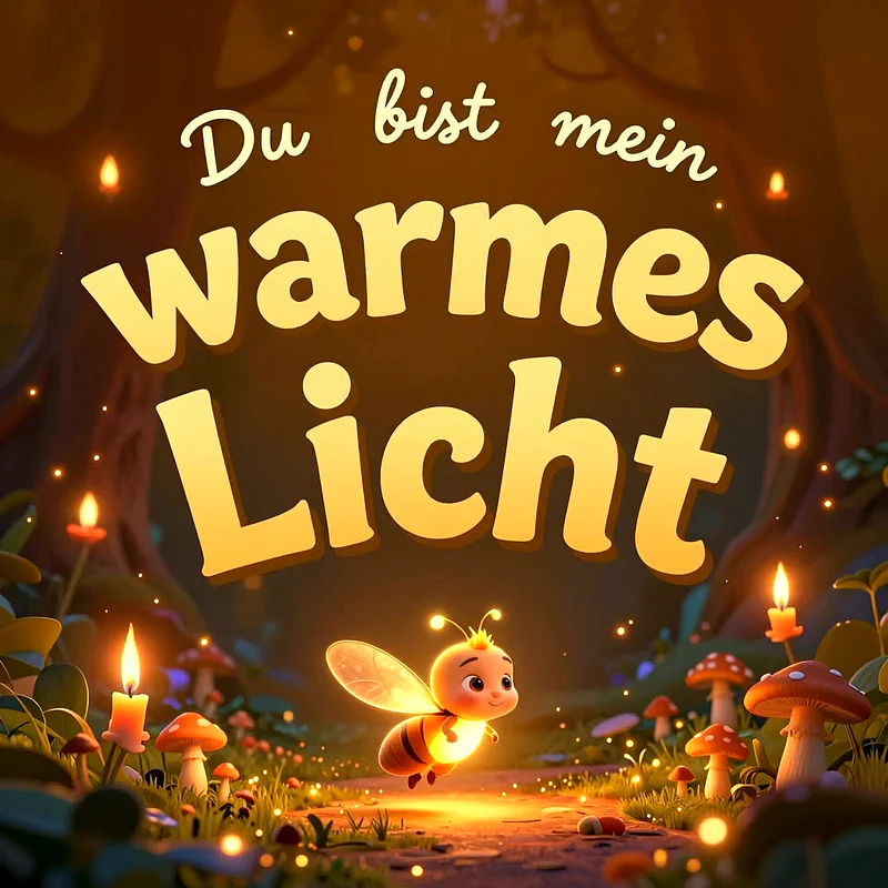 Kleine niedliche Biene fliegt leuchtend durch einen magischen Wald voller brennender Kerzen und Pilze unter der gelben Schrift Du bist mein warmes Licht.