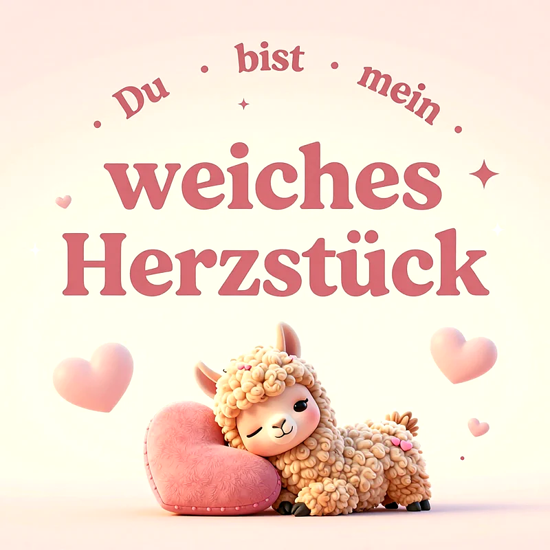 Ein flauschiges, süßes Baby-Lama mit geschlossenen Augen schmiegt sich an ein großes, weiches rosa Herz, umgeben von kleinen Herzen vor einem hellen, zarten Hintergrund.