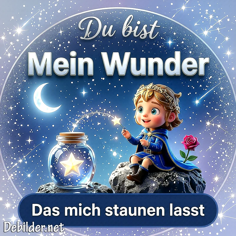 Ein kleiner Prinz im blauen Umhang sitzt unter einem funkelnden Sternenhimmel neben einer roten Rose und fängt leuchtende Sterne in einem Glas ein.