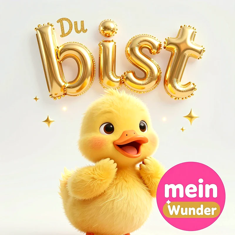 Niedliches gelbes Entenküken mit erfreutem Blick unter goldenen Folienballons, die den Schriftzug Du bist formen, ergänzt durch ein pinkes Siegel mit den Worten mein Wunder.