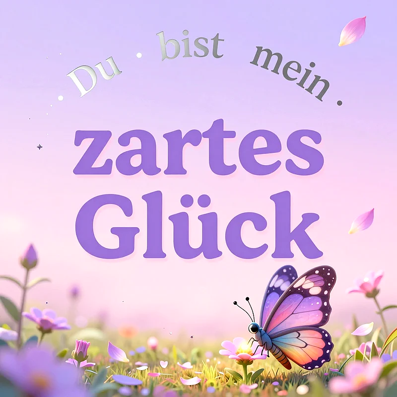 Ein bunter Schmetterling sitzt auf einer zarten rosa Blüte auf einer Blumenwiese. Im violetten Hintergrund steht der spruch Du bist mein zartes Glück mit schwebenden Blütenblättern.