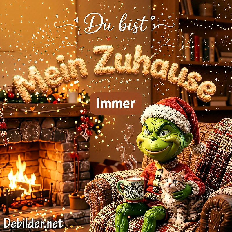 Der Grinch mit Weihnachtsmütze sitzt in einem Sessel vor einem Kaminfeuer, hält eine Tasse in der Hand und streichelt eine getigerte Katze, während funkelnde Lichter den warmen Raum erleuchten.