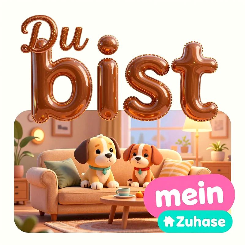Zwei kleine, knuffige Cartoon-Hunde sitzen nebeneinander auf einem gemütlichen Sofa in einem warm beleuchteten Wohnzimmer. Über ihnen schweben glänzende, braune Luftballonbuchstaben mit der Aufschrift Du bist mein Zuhause.