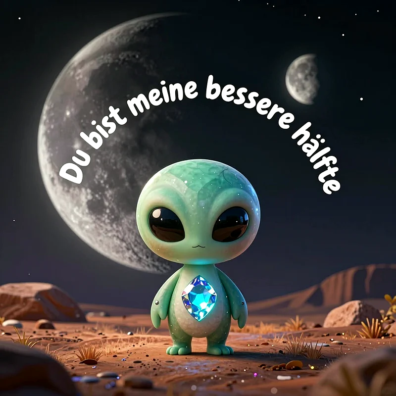 Eine kleine, süße grüne Alien-Figur mit großen schwarzen Augen und einem leuchtenden Edelstein auf der Brust steht in einer nächtlichen Wüstenlandschaft unter zwei Monden am dunklen Sternenhimmel.