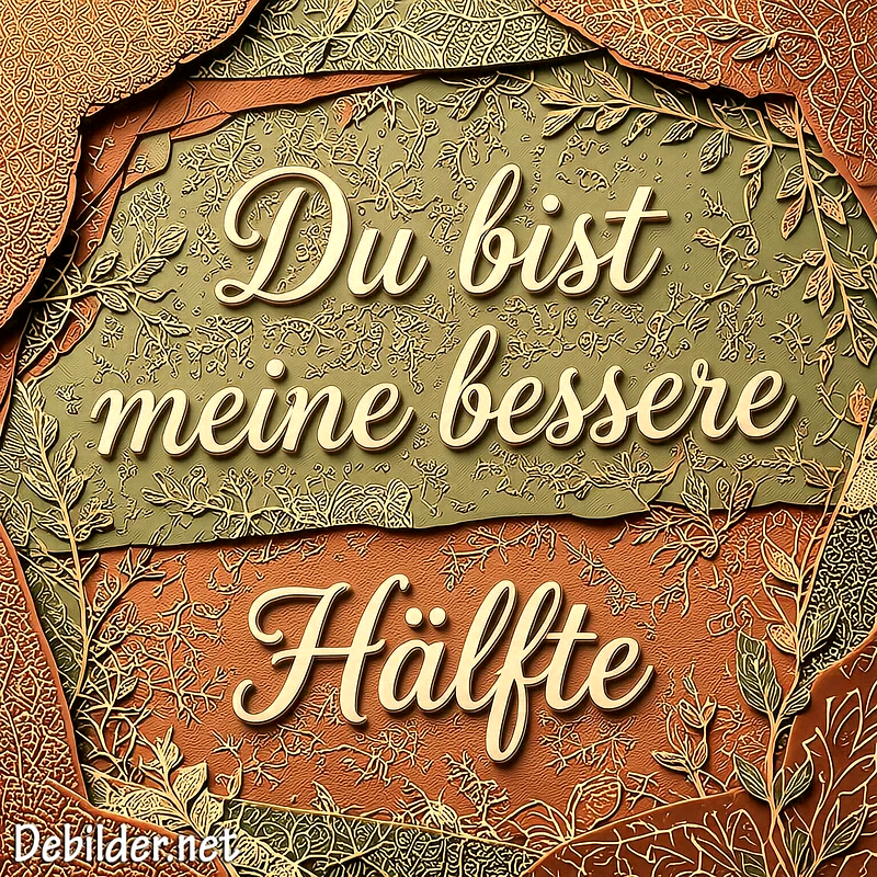 Kunstvoll gestaltetes Bild in Erdtönen mit geschwungenem Schriftzug Du bist meine bessere Hälfte, umrahmt von feinen floralen Mustern, Blättern und geprägten Relief-Strukturen.