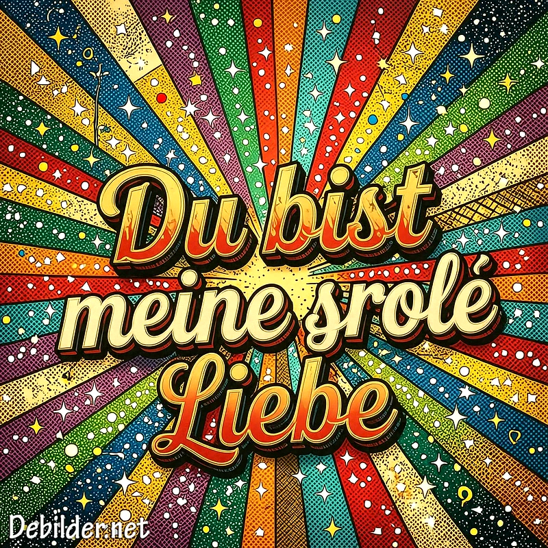 Bunter Pop-Art-Hintergrund mit strahlenförmigen Regenbogenstreifen, funkelnden Sternen und dreidimensionaler, gelb-roter Schrift mit dem Schriftzug Du bist meine große Liebe.